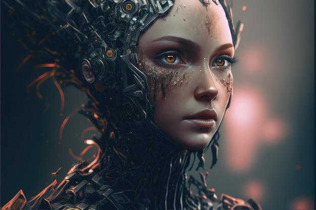 Closeup hybrid cyborg beauty transformation with a girl humanoid face