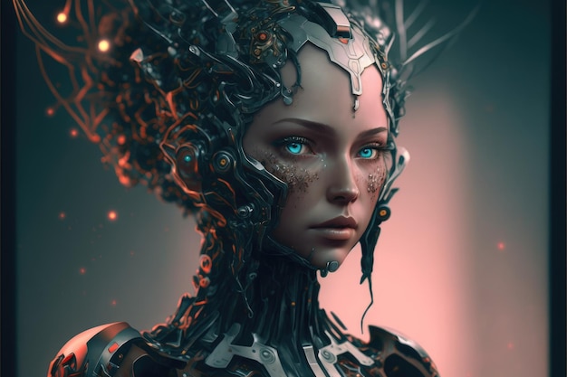 Closeup hybrid cyborg beauty transformation with a girl humanoid face