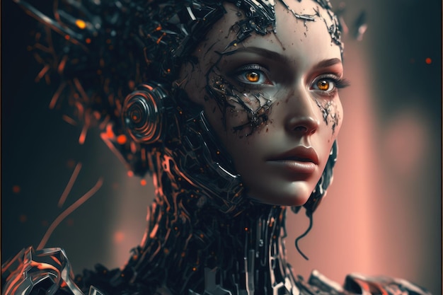 Closeup hybrid cyborg beauty transformation with a girl humanoid face