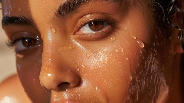 Photo closeup of a hydrating gel mask on a woman39s face highlighting the moisture beads and radiant skin underneath ar 169 job id 69b01459b5974af6a2947d809d42a373