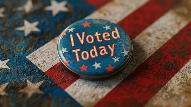 Photo closeup of i voted today button on a us flag background patriotic voting concept clean and bold illustration 3d render ar 169 s 200 q 2