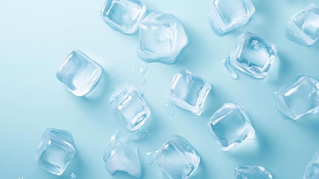 Closeup of ice cubes on a blue background