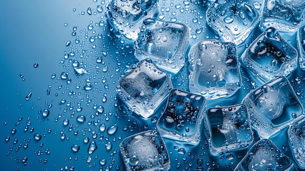 Closeup of Ice Cubes with Water Droplets on Blue Background