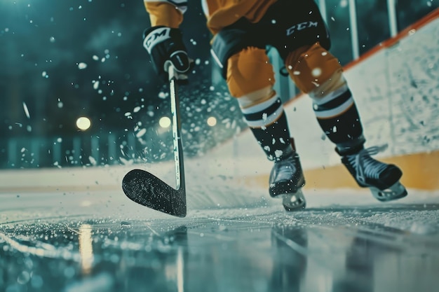 Photo closeup of ice hockey player training on the ice rink at the stadium during practice session