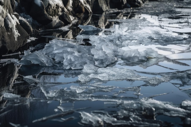 Closeup of icecovered river with reflection of the sky visible