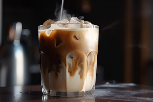 Closeup of iced coffee latte with steam and ice visible created with generative ai