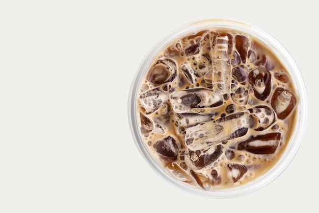 Closeup iced coffee in plastic cup. 