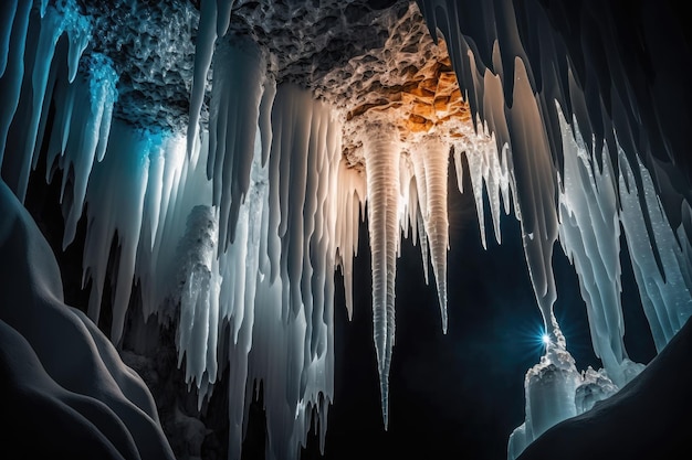 Closeup of icicles hanging from the ceiling of a frozen cave illuminated by natural light created wi