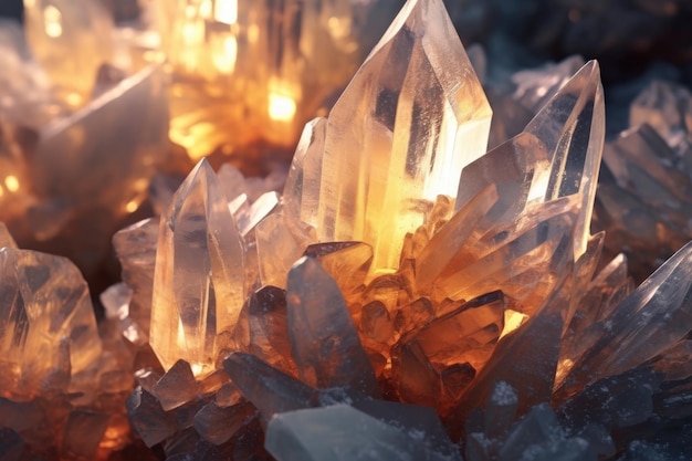 Closeup of icy crystals illuminated by sunlight created with generative ai