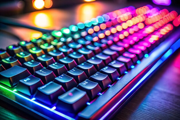 Photo closeup of illuminated gaming keybord at night