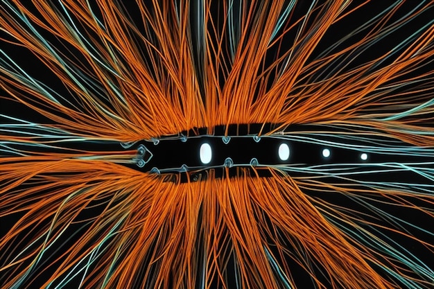 Photo closeup on illuminated orange optic fibers under black background