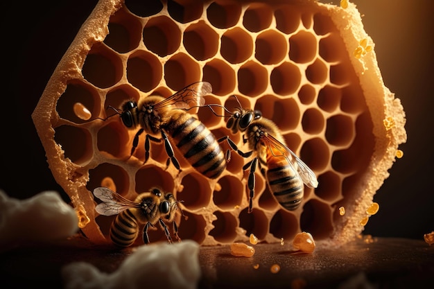 Closeup illustration of bees inside a hive of honey AI Generation