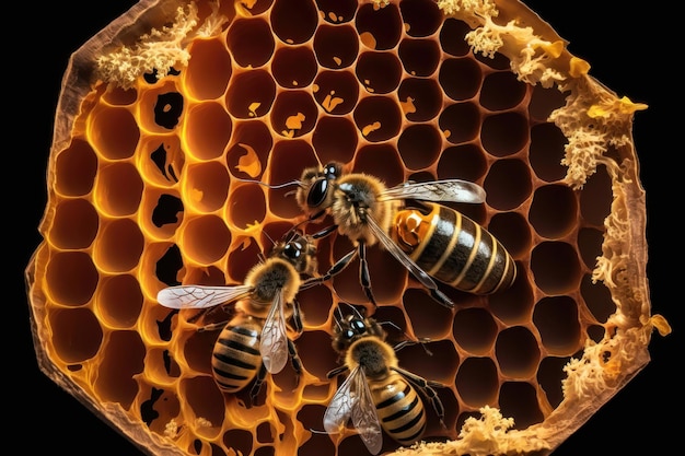 Closeup illustration of bees inside a hive of honey AI Generation