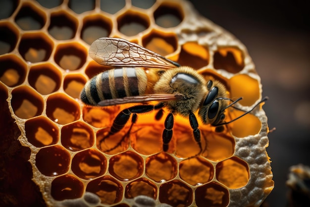 Closeup illustration of bees inside a hive of honey AI Generation