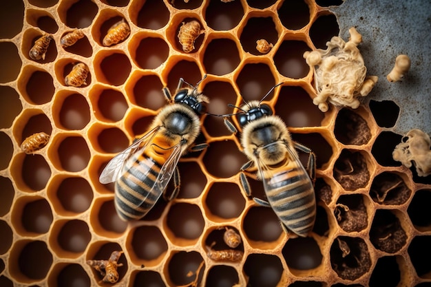 Closeup illustration of bees inside a hive of honey AI Generation