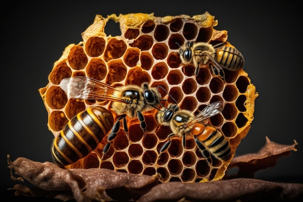 Closeup illustration of bees inside a hive of honey AI Generation