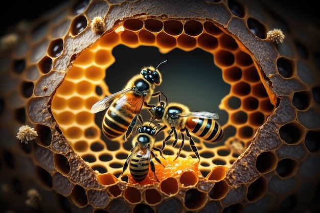 Closeup illustration of bees inside a hive of honey AI Generation