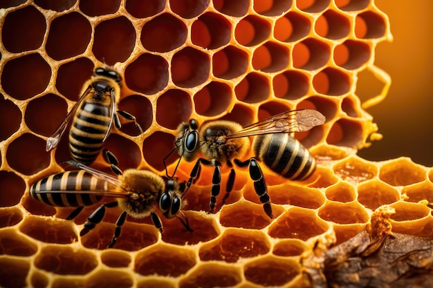 Closeup illustration of bees inside a hive of honey AI Generation