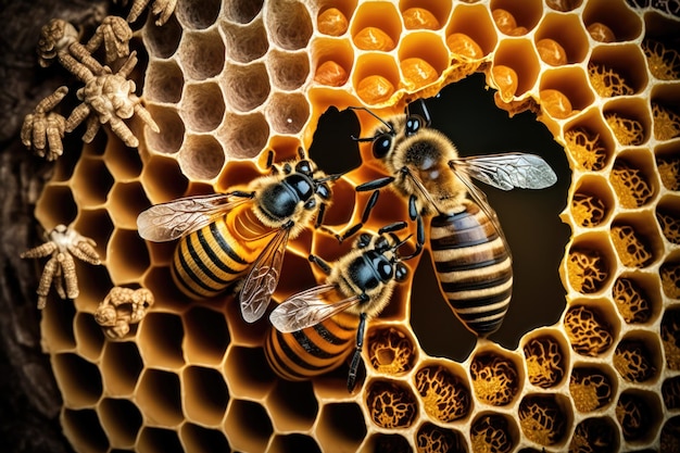 Closeup illustration of bees inside a hive of honey AI Generation