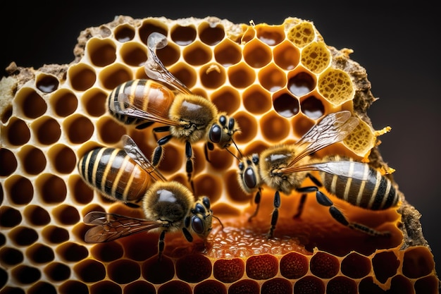 Closeup illustration of bees inside a hive of honey AI Generation