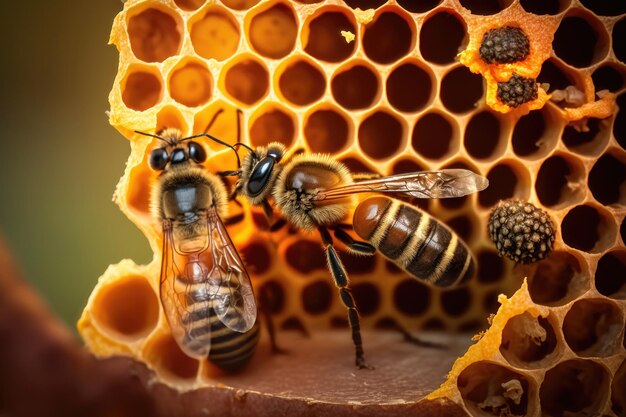 Closeup illustration of bees inside a hive of honey AI Generation