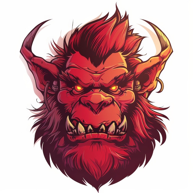 A closeup illustration of a red horned angry monster with sharp teeth and glowing eyes