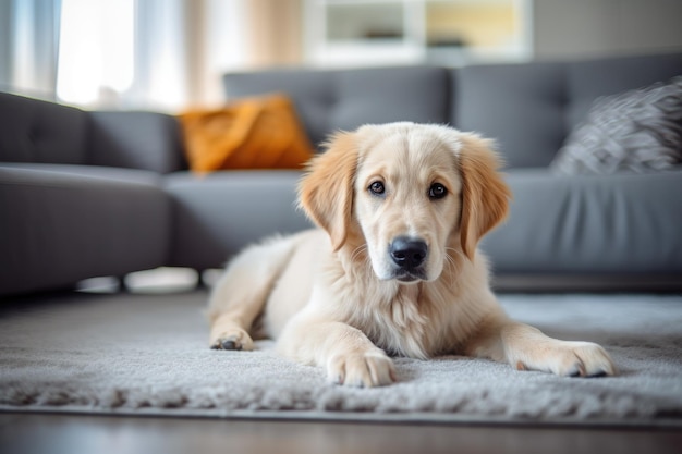 Closeup image of an adorable dog lying on a gray carpet in a living room at home A content golden re