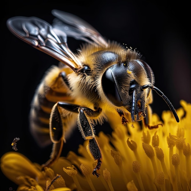 Closeup image of a bee pollinating a flower in spring