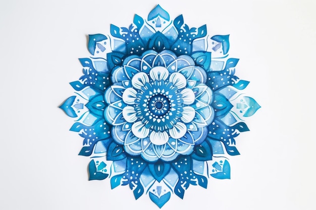 A closeup image of a blue watercolor mandala design on a white background Intricate mandala design in shades of blue on a clean white backdrop