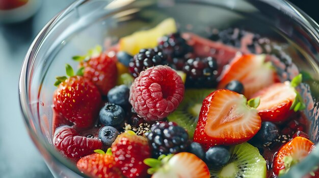 A closeup image of a bowl of fresh berries The berries are colorful and arranged in a visually appealing way