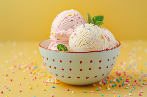 A closeup image of a bowl of ice cream with sprinkles The bowl is blue and white with red polka dots