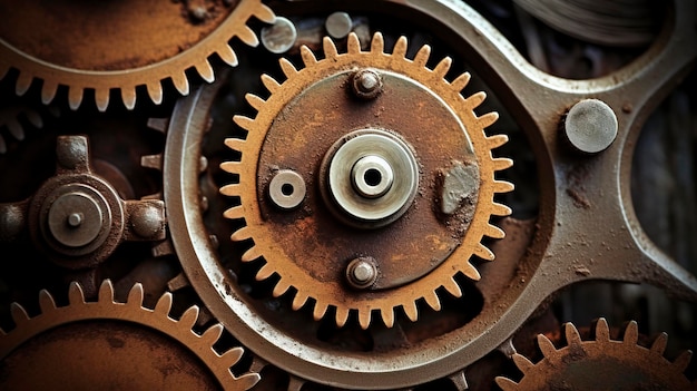 A closeup image capturing the intricate details of old rusty gears