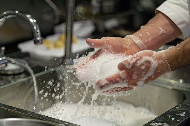 Closeup image of a chef washing hands with soap and water at a kitchen sink emphasizing cleanliness and hygiene in food preparation