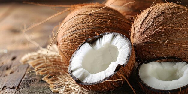 A closeup image of a coconut on a wooden table