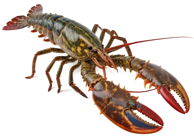 A closeup image of a colorful lobster with a spiny shell and large claws