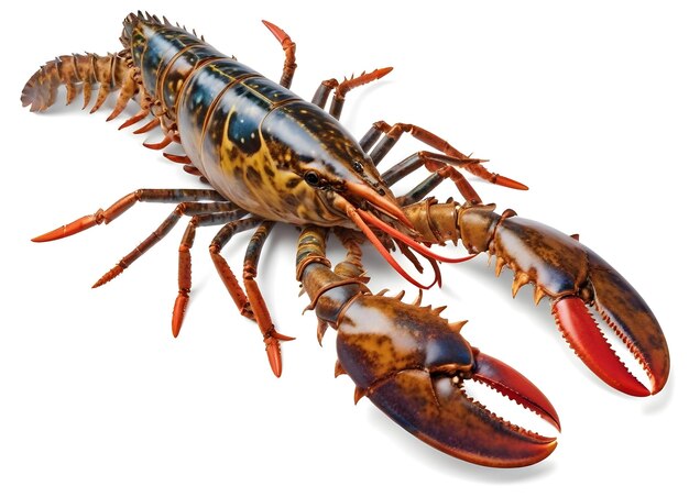 A closeup image of a colorful lobster with a spiny shell and large claws