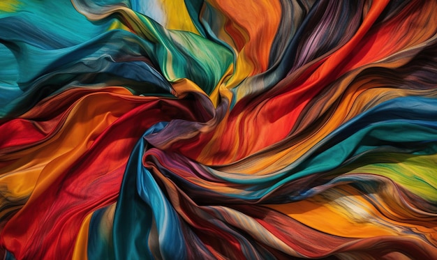 Closeup image of a colorful silk fiber in the style of flowing fabrics