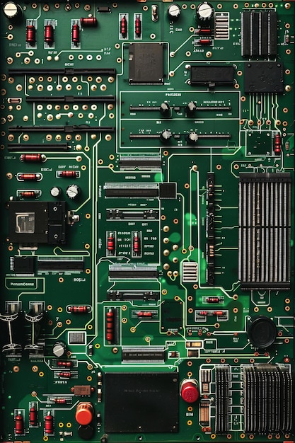 Photo closeup image of a complex green circuit board with various electronic components