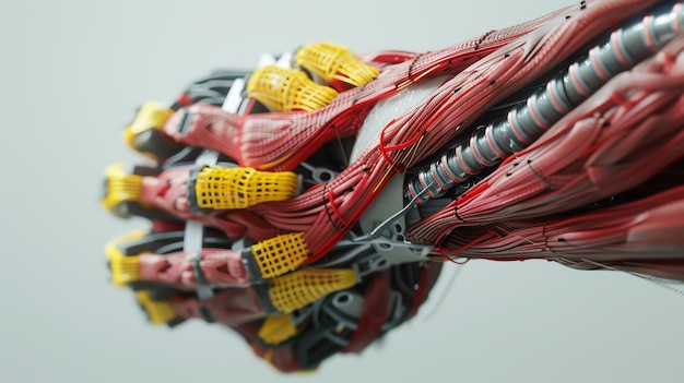 Photo a closeup image of a complex robotic hand with red and yellow wires