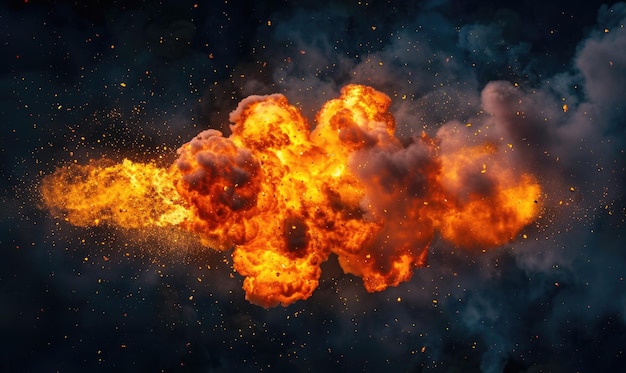 Closeup image of a controlled explosion with flames bursting against a dark background