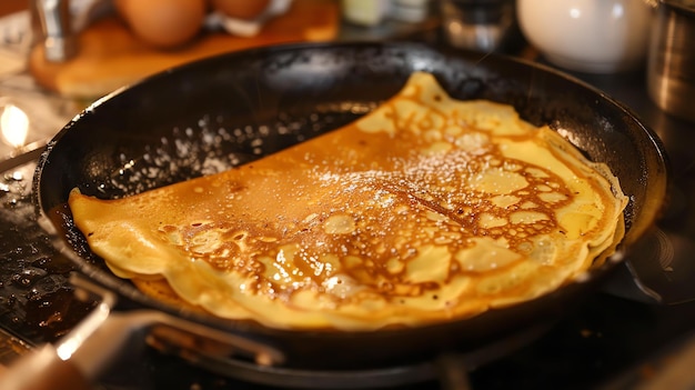 Photo a closeup image of a crepe being cooked in a pan the crepe is golden brown and covered in bubbles the pan is black and has a long handle