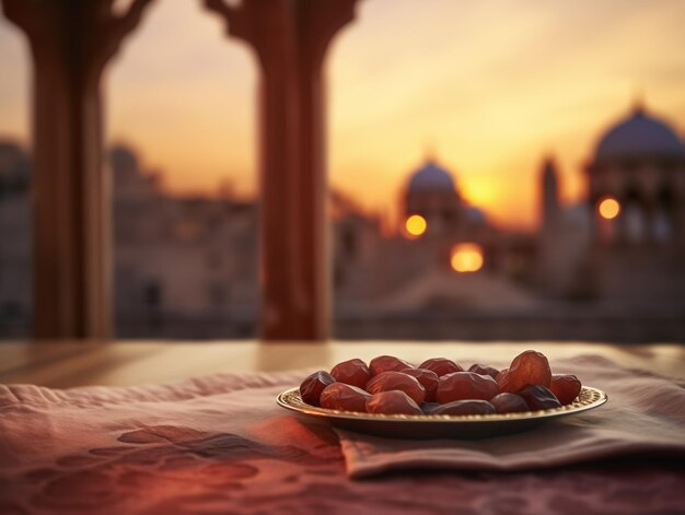 Closeup image of dates fruit on table with copy space for text Ramadan month of fasting concept