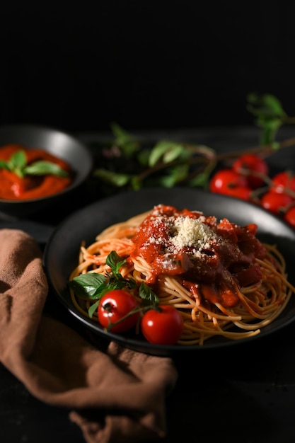 Closeup image Delicious Italian pasta Tomato Spaghetti with blurred dark dining table background