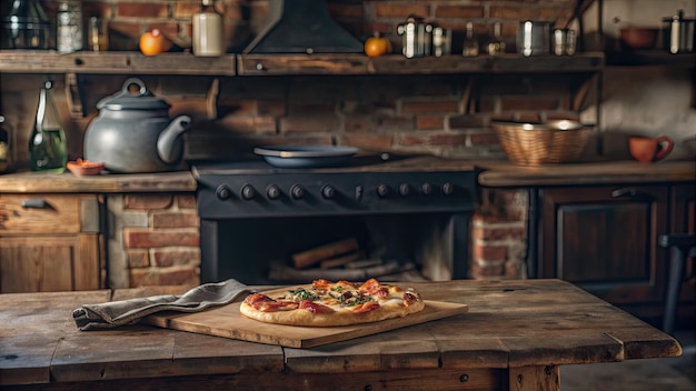 Photo closeup image of a delicious pizza in an old kitchen in a warm and cozy atmosphere