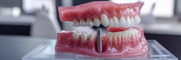 Photo a closeup image of a dental model with a single dental implant placed in the lower jaw showca