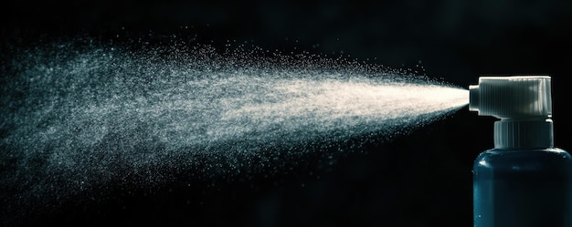 Closeup image of a disinfectant spray bottle in action releasing a fine mist against a dark background highlighting cleanliness and hygiene concepts