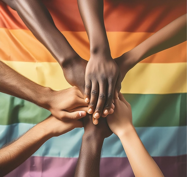 A closeup image of diverse hands joined together in a show of unity and pride day backgroun