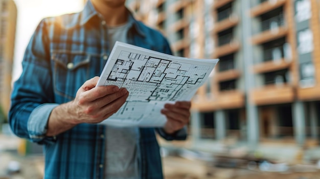 Closeup image of an engineer holding blueprints with a construction site in the background