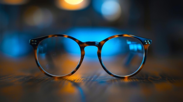 Closeup image of eyeglasses with clear lenses on a reflective blue surface with a blurred background