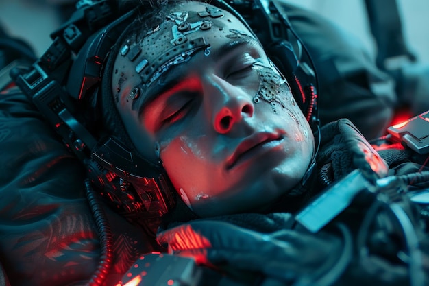 Closeup image of fatigued futuristic soldier warrior displaying tired facial expression